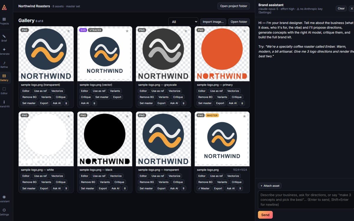 BrandForge gallery: eight logo variants of a sample mark with vectorize, remove background, variants and export actions, and the Claude brand assistant docked on the right