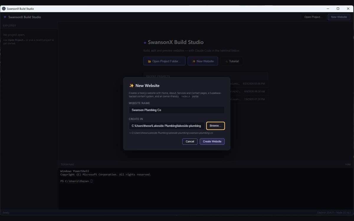 Screenshot of SwansonX Build Studio