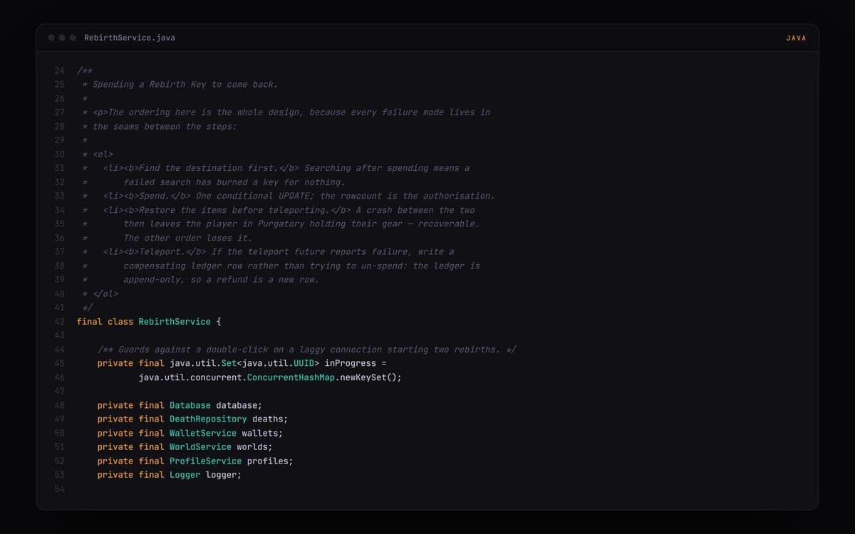 Java source from the HCMC server: the RebirthService class, whose documentation comment sets out the order in which a rebirth is spent, restored and teleported