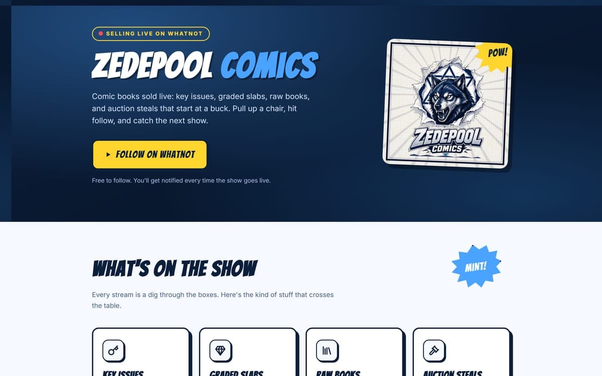 ZedePool Comics homepage: navy hero, yellow Follow on Whatnot button, wolf logo with a POW! callout