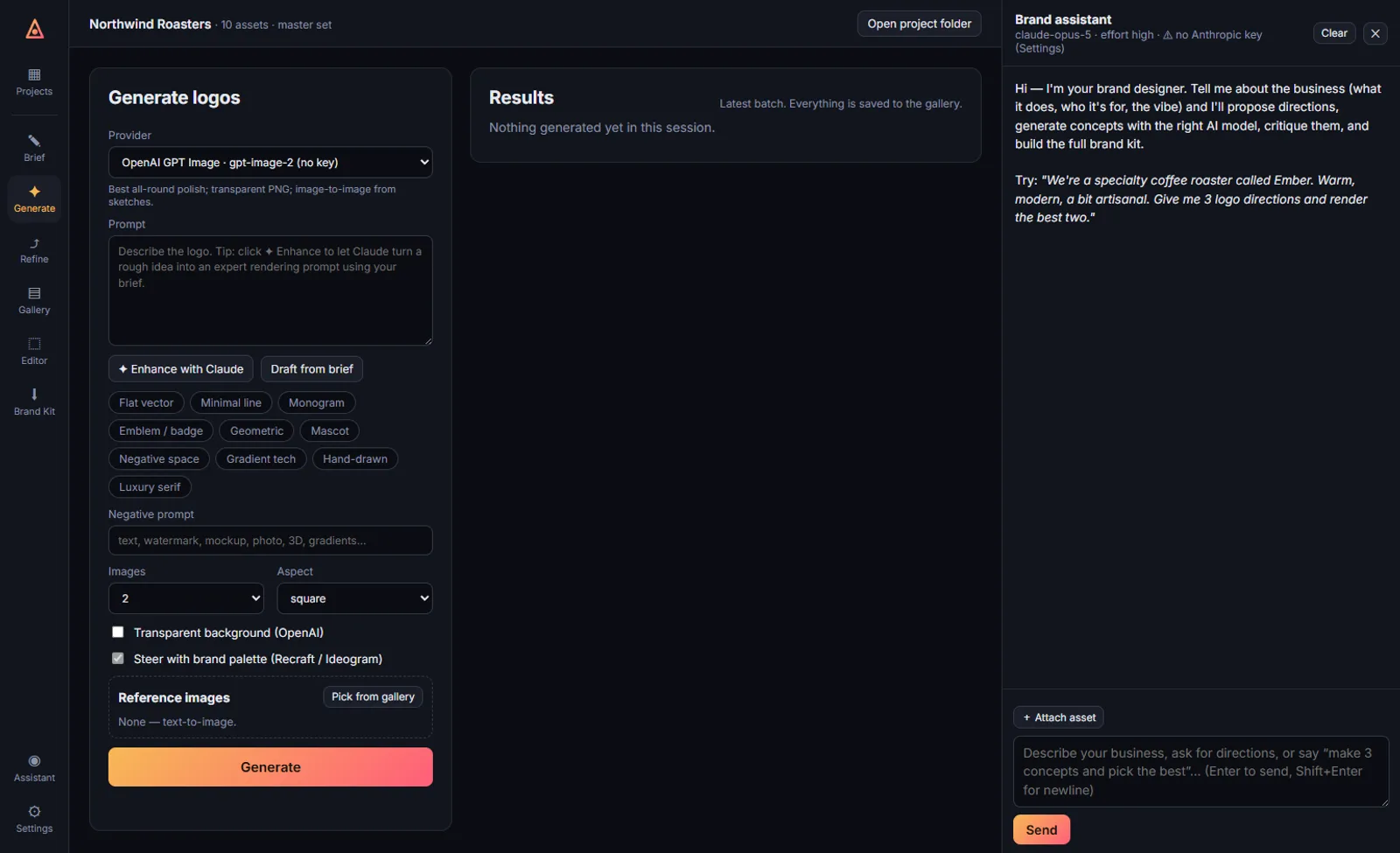 BrandForge generate screen: provider picker, prompt with Enhance with Claude, style presets, aspect and transparency options