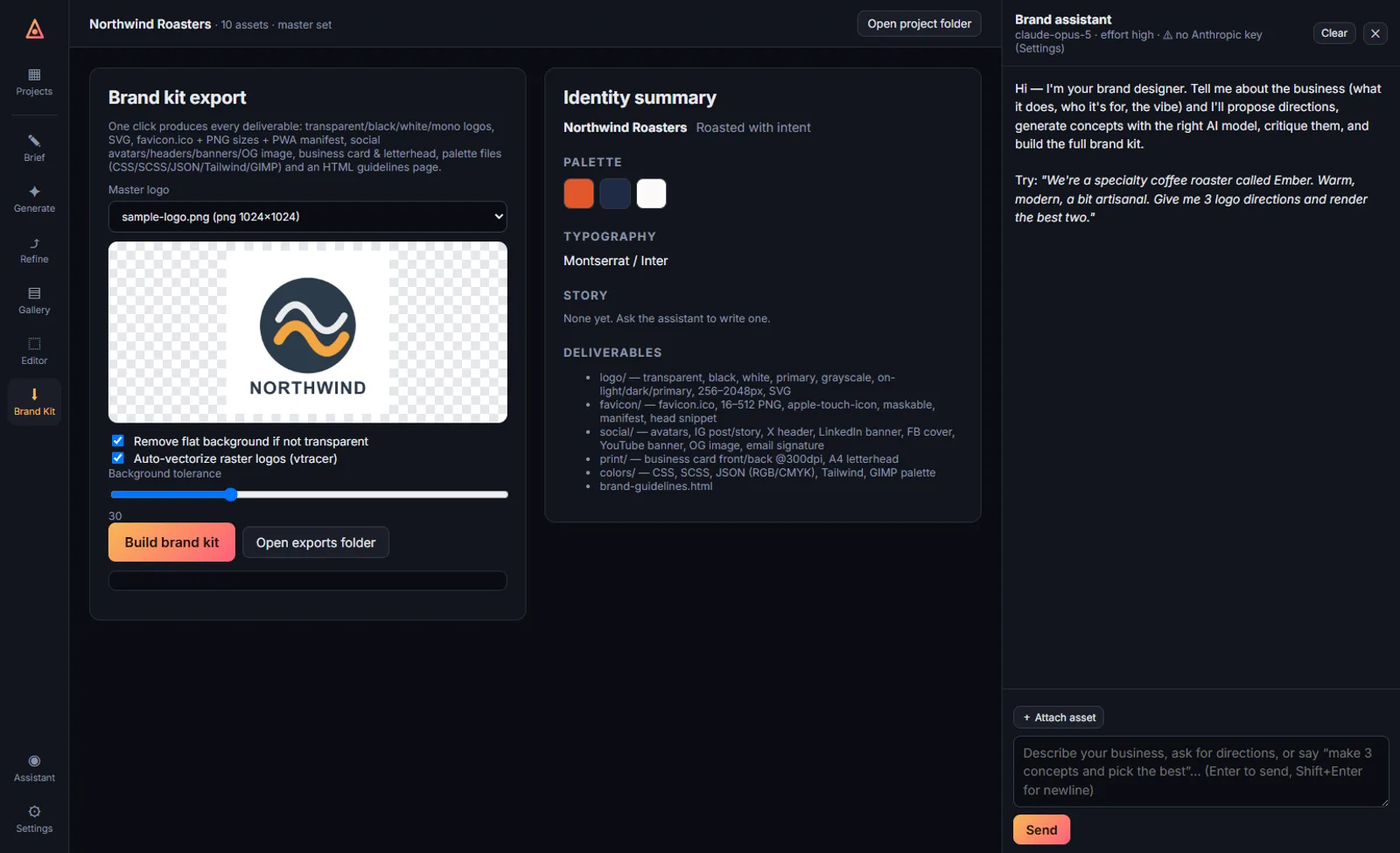 BrandForge brand kit export: master logo, deliverables list and the Build brand kit button