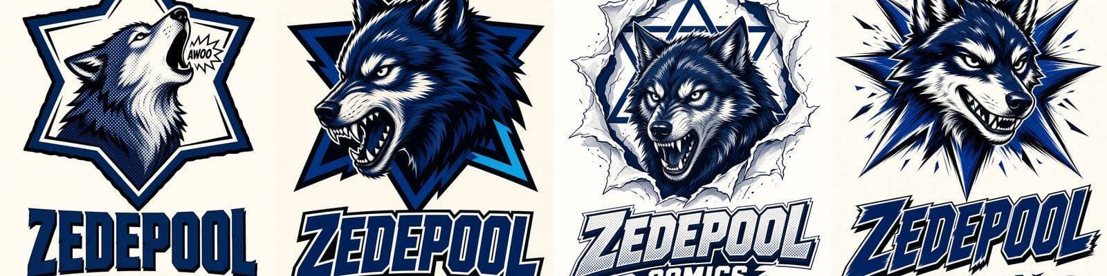 Four ZedePool logo concepts: star badge, shield, torn panel, starburst